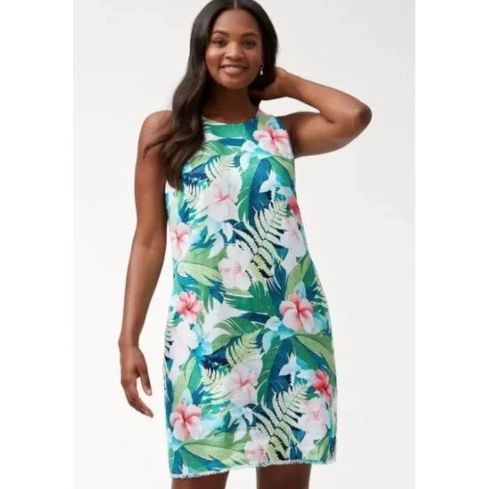 TOMMY BAHAMA Hibiscus Linen Sleeveless Dress Tropical Floral Sz S